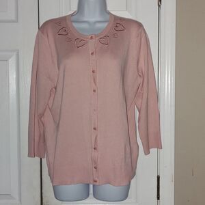 Cable & Guage pink button down cardigan heart embroidered collar  Sz XL